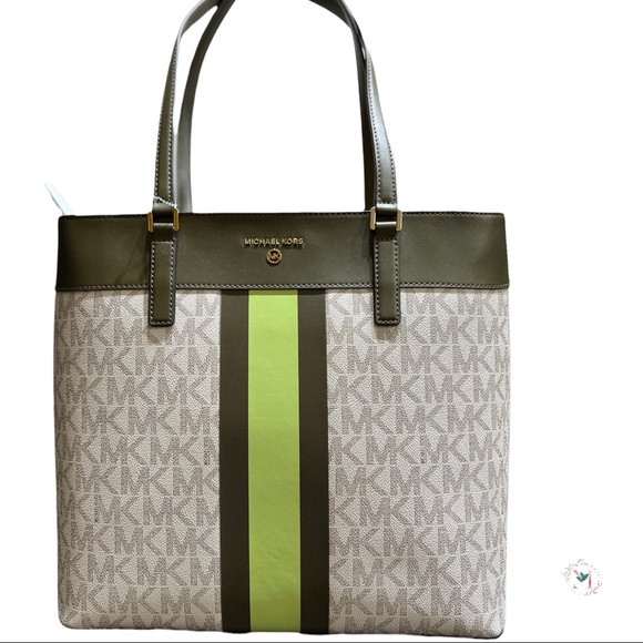 NWOT Michael Kors Center Stripe Morgan Large Tote Olive Multi - Picture 4 of 15